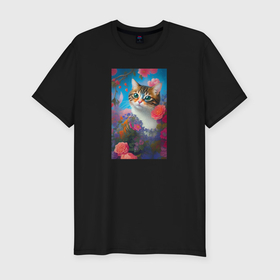 Мужская футболка хлопок Slim с принтом Полосатый кот с цветами в Петрозаводске, 92% хлопок, 8% лайкра | приталенный силуэт, круглый вырез ворота, длина до линии бедра, короткий рукав | 