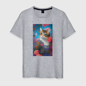 Мужская футболка хлопок с принтом Полосатый кот с цветами в Екатеринбурге, 100% хлопок | прямой крой, круглый вырез горловины, длина до линии бедер, слегка спущенное плечо. | 