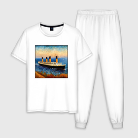 Мужская пижама хлопок с принтом Титаник в стиле Ван Гога в Санкт-Петербурге, 100% хлопок | брюки и футболка прямого кроя, без карманов, на брюках мягкая резинка на поясе и по низу штанин
 | 