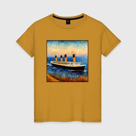 Женская футболка хлопок с принтом Титаник в стиле Ван Гога в Белгороде, 100% хлопок | прямой крой, круглый вырез горловины, длина до линии бедер, слегка спущенное плечо | 