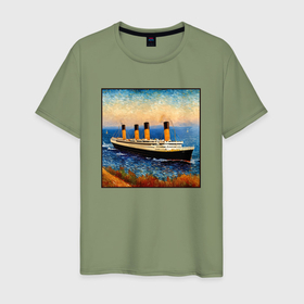 Мужская футболка хлопок с принтом Титаник в стиле Ван Гога в Курске, 100% хлопок | прямой крой, круглый вырез горловины, длина до линии бедер, слегка спущенное плечо. | 