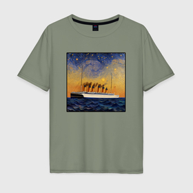 Мужская футболка хлопок Oversize с принтом Титаник в море   Ван Гог , 100% хлопок | свободный крой, круглый ворот, “спинка” длиннее передней части | Тематика изображения на принте: 