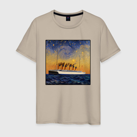 Мужская футболка хлопок с принтом Титаник в море   Ван Гог в Санкт-Петербурге, 100% хлопок | прямой крой, круглый вырез горловины, длина до линии бедер, слегка спущенное плечо. | 