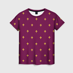 Женская футболка 3D с принтом Геральдическая лилия на пурпурном фоне в Петрозаводске, 100% полиэфир ( синтетическое хлопкоподобное полотно) | прямой крой, круглый вырез горловины, длина до линии бедер | 