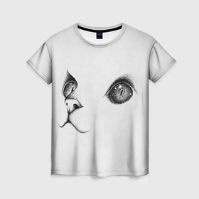 Женская футболка 3D с принтом Кошкин взгляд в Петрозаводске, 100% полиэфир ( синтетическое хлопкоподобное полотно) | прямой крой, круглый вырез горловины, длина до линии бедер | 