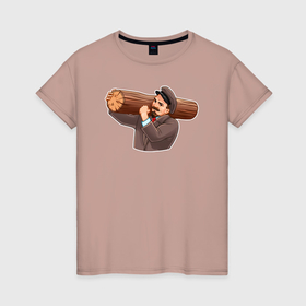 Женская футболка хлопок с принтом Ленин тащит бревно в Белгороде, 100% хлопок | прямой крой, круглый вырез горловины, длина до линии бедер, слегка спущенное плечо | 