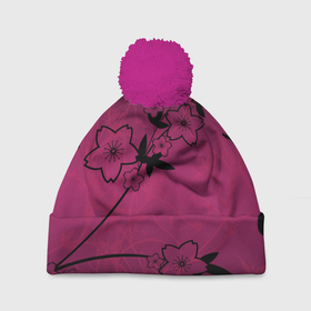 Шапка 3D c помпоном с принтом Pink Flower в Тюмени, 100% полиэстер | универсальный размер, печать по всей поверхности изделия | 