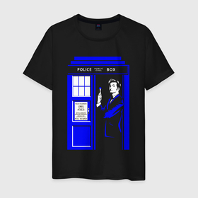 Мужская футболка хлопок с принтом Доктор Кто у двери Тардис в Курске, 100% хлопок | прямой крой, круглый вырез горловины, длина до линии бедер, слегка спущенное плечо. | 