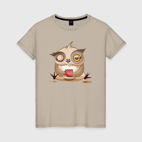 Женская футболка хлопок с принтом Сова кофеман в Курске, 100% хлопок | прямой крой, круглый вырез горловины, длина до линии бедер, слегка спущенное плечо | 