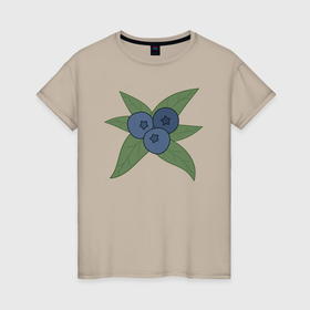 Женская футболка хлопок с принтом Голубика, три ягоды на листьях , 100% хлопок | прямой крой, круглый вырез горловины, длина до линии бедер, слегка спущенное плечо | 