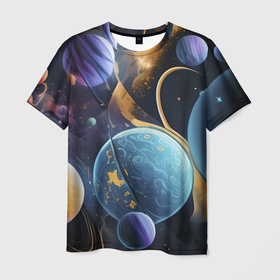 Мужская футболка 3D с принтом Планеты во вселенной в Новосибирске, 100% полиэфир | прямой крой, круглый вырез горловины, длина до линии бедер | 