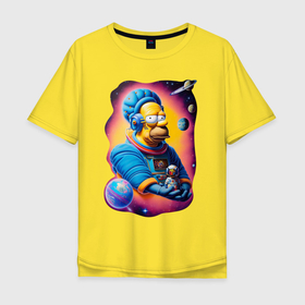 Мужская футболка хлопок Oversize с принтом Гомер Симпсон в космосе в Курске, 100% хлопок | свободный крой, круглый ворот, “спинка” длиннее передней части | Тематика изображения на принте: 