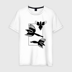 Мужская футболка хлопок с принтом Сороки в прямоугольнике минимализм в Екатеринбурге, 100% хлопок | прямой крой, круглый вырез горловины, длина до линии бедер, слегка спущенное плечо. | 