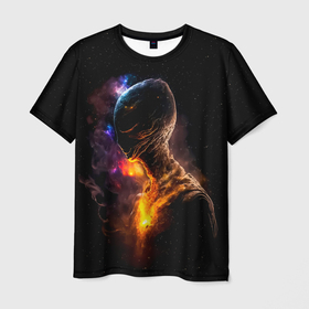 Мужская футболка 3D с принтом Инопланетянин в космическом пространстве , 100% полиэфир | прямой крой, круглый вырез горловины, длина до линии бедер | 