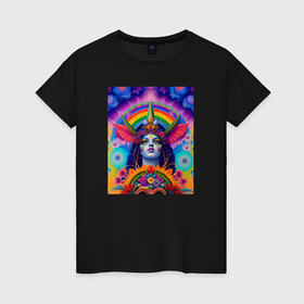 Женская футболка хлопок с принтом Индийская богиня в цветах в Курске, 100% хлопок | прямой крой, круглый вырез горловины, длина до линии бедер, слегка спущенное плечо | Тематика изображения на принте: 