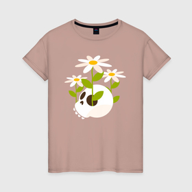 Женская футболка хлопок с принтом Череп и цветочки в Петрозаводске, 100% хлопок | прямой крой, круглый вырез горловины, длина до линии бедер, слегка спущенное плечо | 
