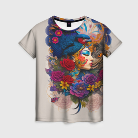 Женская футболка 3D с принтом профиль девушки с птицей   татуировка в Екатеринбурге, 100% полиэфир ( синтетическое хлопкоподобное полотно) | прямой крой, круглый вырез горловины, длина до линии бедер | 
