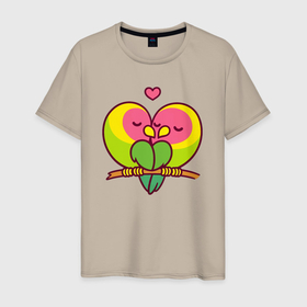 Мужская футболка хлопок с принтом Влюблённые попугаи в Санкт-Петербурге, 100% хлопок | прямой крой, круглый вырез горловины, длина до линии бедер, слегка спущенное плечо. | 