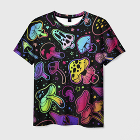Мужская футболка 3D с принтом Цветные грибочки в Белгороде, 100% полиэфир | прямой крой, круглый вырез горловины, длина до линии бедер | 
