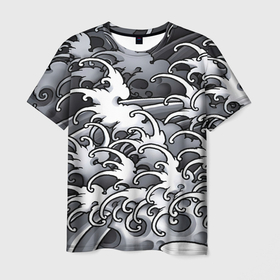 Мужская футболка 3D с принтом Иредзуми: Черно белые волны в Белгороде, 100% полиэфир | прямой крой, круглый вырез горловины, длина до линии бедер | 