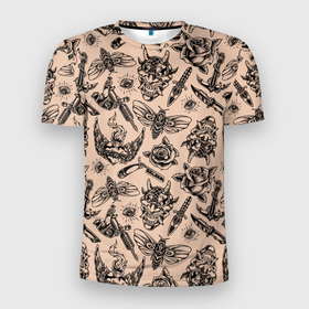 Мужская футболка 3D Slim с принтом Татуировка с цикадой и демоном Они   паттерн в Екатеринбурге, 100% полиэстер с улучшенными характеристиками | приталенный силуэт, круглая горловина, широкие плечи, сужается к линии бедра | Тематика изображения на принте: 