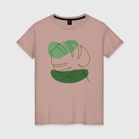 Женская футболка хлопок с принтом Лист монстеры одной линией на абстрактных пятнах в Белгороде, 100% хлопок | прямой крой, круглый вырез горловины, длина до линии бедер, слегка спущенное плечо | 