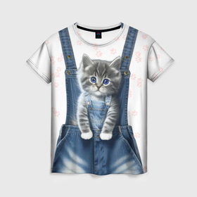 Женская футболка 3D с принтом Котёнок в кармане джинс в Новосибирске, 100% полиэфир ( синтетическое хлопкоподобное полотно) | прямой крой, круглый вырез горловины, длина до линии бедер | 
