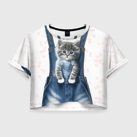 Женская футболка Crop-top 3D с принтом Котёнок в кармане джинс в Петрозаводске, 100% полиэстер | круглая горловина, длина футболки до линии талии, рукава с отворотами | 