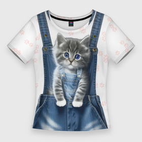 Женская футболка 3D Slim с принтом Котёнок в кармане джинс в Петрозаводске,  |  | 