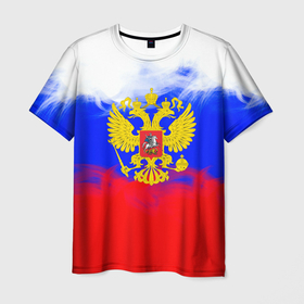 Мужская футболка 3D с принтом Russia флаг герб в Петрозаводске, 100% полиэфир | прямой крой, круглый вырез горловины, длина до линии бедер | 