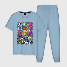 Мужская пижама хлопок с принтом Стрит арт с инопланетянином и мороженым в Курске, 100% хлопок | брюки и футболка прямого кроя, без карманов, на брюках мягкая резинка на поясе и по низу штанин
 | Тематика изображения на принте: 