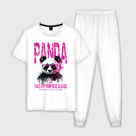 Мужская пижама хлопок с принтом Панда и розовые очки в Тюмени, 100% хлопок | брюки и футболка прямого кроя, без карманов, на брюках мягкая резинка на поясе и по низу штанин
 | Тематика изображения на принте: 