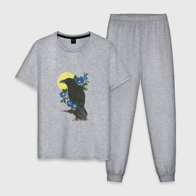 Мужская пижама хлопок с принтом Ворон на ветке под луной , 100% хлопок | брюки и футболка прямого кроя, без карманов, на брюках мягкая резинка на поясе и по низу штанин
 | 