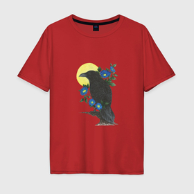 Мужская футболка хлопок Oversize с принтом Ворон на ветке под луной , 100% хлопок | свободный крой, круглый ворот, “спинка” длиннее передней части | 