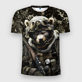 Мужская футболка 3D Slim с принтом Медведь солдат спецназа в Белгороде, 100% полиэстер с улучшенными характеристиками | приталенный силуэт, круглая горловина, широкие плечи, сужается к линии бедра | 