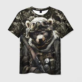 Мужская футболка 3D с принтом Медведь солдат спецназа в Петрозаводске, 100% полиэфир | прямой крой, круглый вырез горловины, длина до линии бедер | 