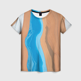 Женская футболка 3D с принтом Голубые и коричневые краски в Новосибирске, 100% полиэфир ( синтетическое хлопкоподобное полотно) | прямой крой, круглый вырез горловины, длина до линии бедер | 