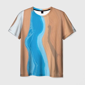 Мужская футболка 3D с принтом Голубые и коричневые краски , 100% полиэфир | прямой крой, круглый вырез горловины, длина до линии бедер | 