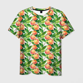 Мужская футболка 3D с принтом Персики акварельный паттерн в Курске, 100% полиэфир | прямой крой, круглый вырез горловины, длина до линии бедер | 