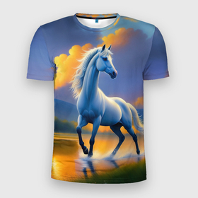 Мужская футболка 3D Slim с принтом Белая лошадь на рассвете в Кировске, 100% полиэстер с улучшенными характеристиками | приталенный силуэт, круглая горловина, широкие плечи, сужается к линии бедра | 