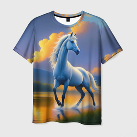 Мужская футболка 3D с принтом Белая лошадь на рассвете в Курске, 100% полиэфир | прямой крой, круглый вырез горловины, длина до линии бедер | Тематика изображения на принте: 