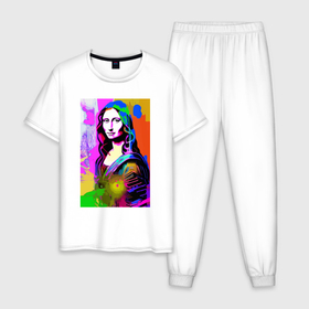 Мужская пижама хлопок с принтом Mona Lisa   Gioconda painting в Екатеринбурге, 100% хлопок | брюки и футболка прямого кроя, без карманов, на брюках мягкая резинка на поясе и по низу штанин
 | 