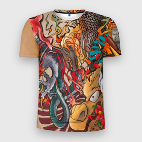 Мужская футболка 3D Slim с принтом Иредзуми: демон и дракон , 100% полиэстер с улучшенными характеристиками | приталенный силуэт, круглая горловина, широкие плечи, сужается к линии бедра | 