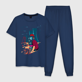 Мужская пижама хлопок с принтом Мальчик в противогазе на детской площадке в Курске, 100% хлопок | брюки и футболка прямого кроя, без карманов, на брюках мягкая резинка на поясе и по низу штанин
 | 