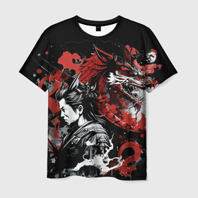 Мужская футболка 3D с принтом Японский самурай с драконом в Петрозаводске, 100% полиэфир | прямой крой, круглый вырез горловины, длина до линии бедер | 