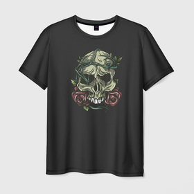 Мужская футболка 3D с принтом Зеленый череп с розами в Курске, 100% полиэфир | прямой крой, круглый вырез горловины, длина до линии бедер | 