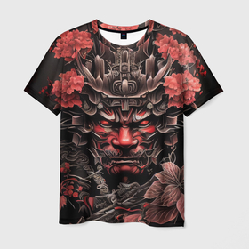 Мужская футболка 3D с принтом Японский демон самурай в Петрозаводске, 100% полиэфир | прямой крой, круглый вырез горловины, длина до линии бедер | 
