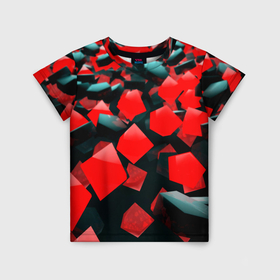 Детская футболка 3D с принтом Черно красные кубы в Санкт-Петербурге, 100% гипоаллергенный полиэфир | прямой крой, круглый вырез горловины, длина до линии бедер, чуть спущенное плечо, ткань немного тянется | 