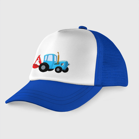 Детская кепка тракер с принтом Синий трактор Гоша в Курске, Козырек - 100% хлопок. Кепка - 100% полиэстер, Задняя часть - сетка | универсальный размер, пластиковая застёжка | 