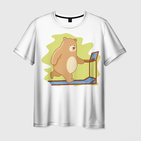 Мужская футболка 3D с принтом Медведь на беговой дорожке в Петрозаводске, 100% полиэфир | прямой крой, круглый вырез горловины, длина до линии бедер | 